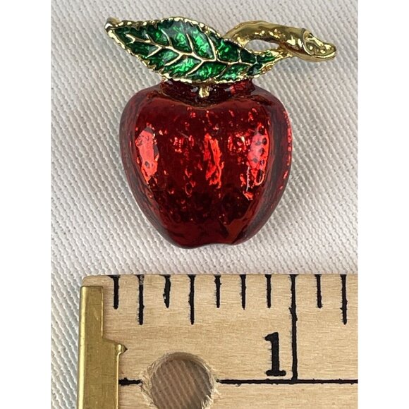 Vintage Apple Brooch Gold Tone Red Green Enamel Gloss Coated Pin Fruit Teacher - Picture 6 of 7